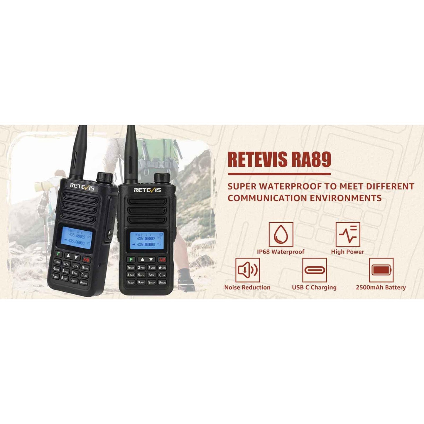 Radio walkie talkie Retevis RA89 Sumergible Banda UHF/VHF/FM 10W de potencia analógico