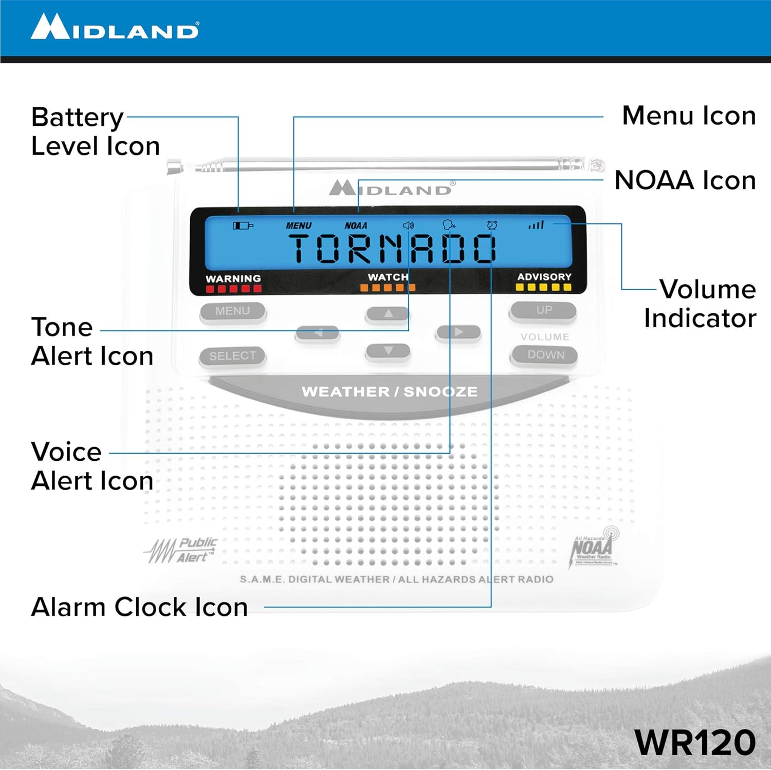 Radio meteorológico Midland WR120 con sistema alerta sísmica cobertura SASMEX S.A.M.E