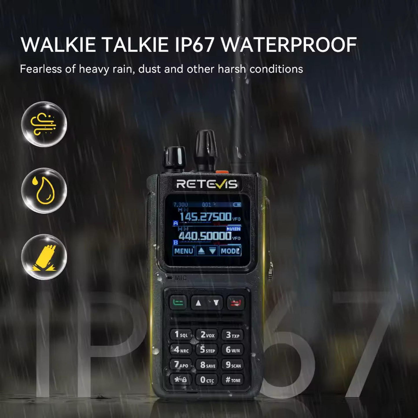 Radio walkie talkie Retevis C1 Sumergible Banda dual UHF/VHF 5W Uso rudo Analógico