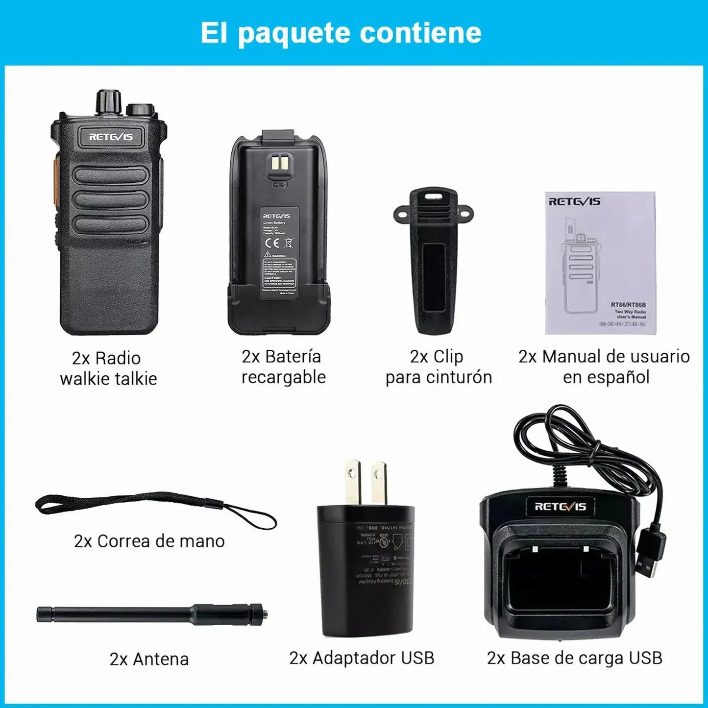 Par de radios Walkie Talkie Retevis RT86 Largo alcance 10W UHF 16 canales analógicos