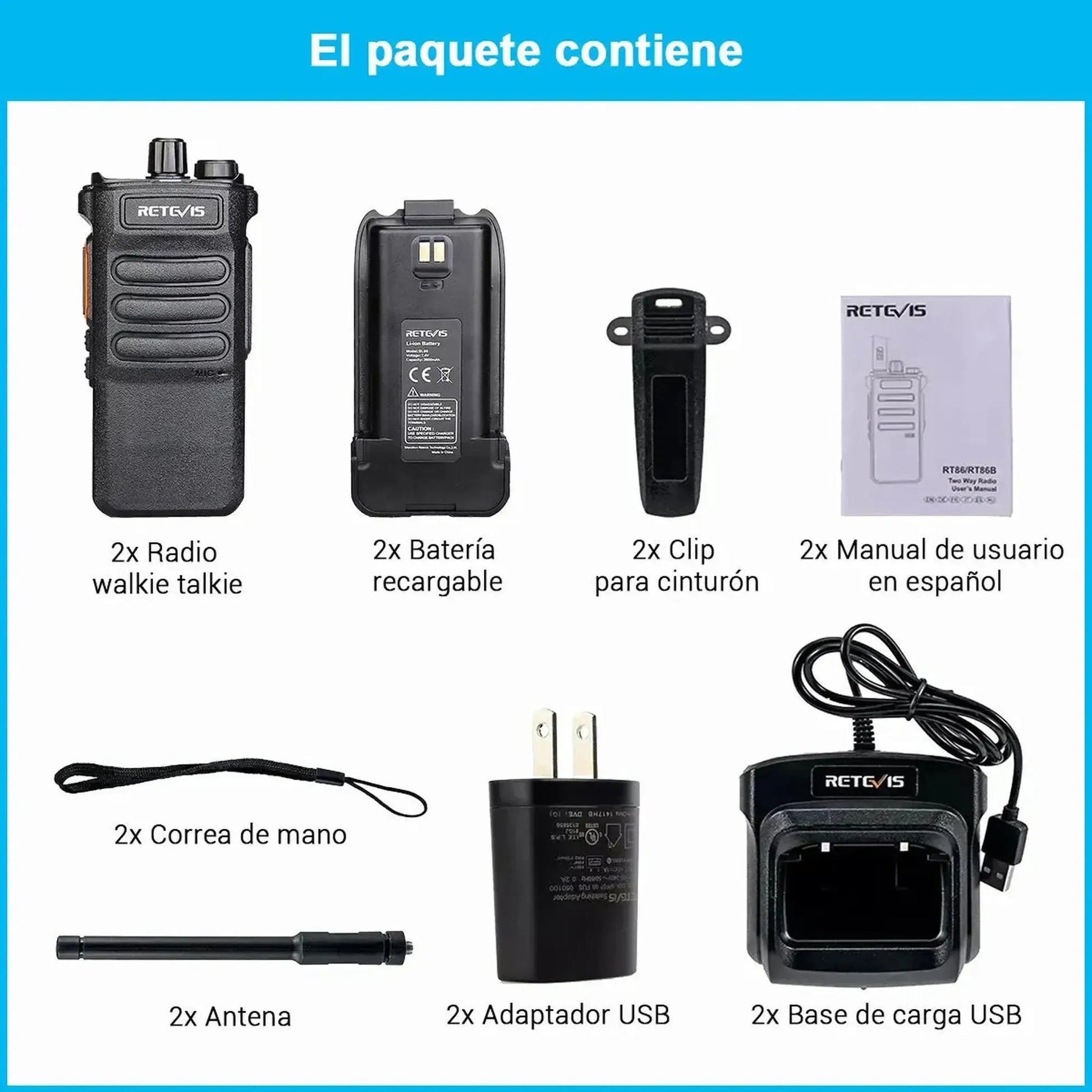 Par de radios Walkie Talkie Retevis RT86 Largo alcance 10W UHF 16 canales analógicos
