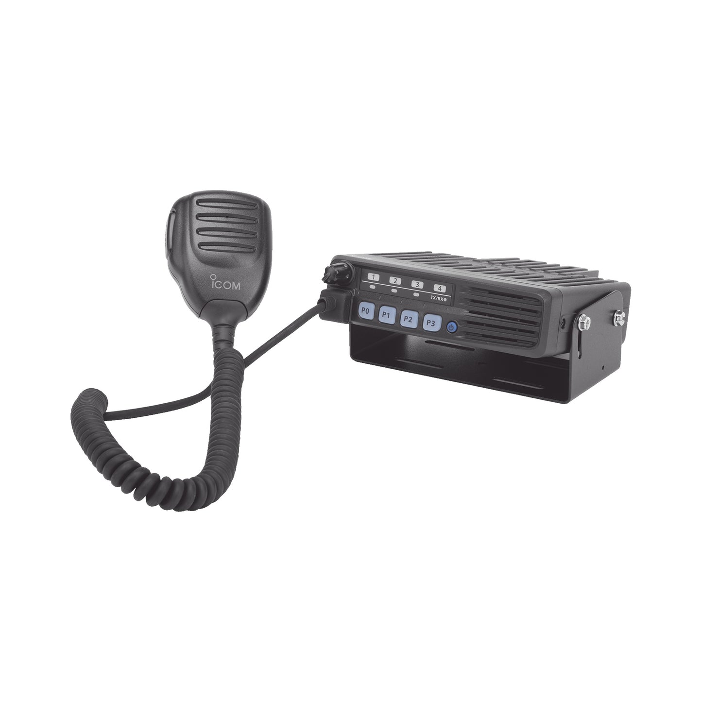 Radio Móvil iCom Analógico UHF 400-470 MHz 50 W de potencia con micrófono, cable de corriente y bracket.