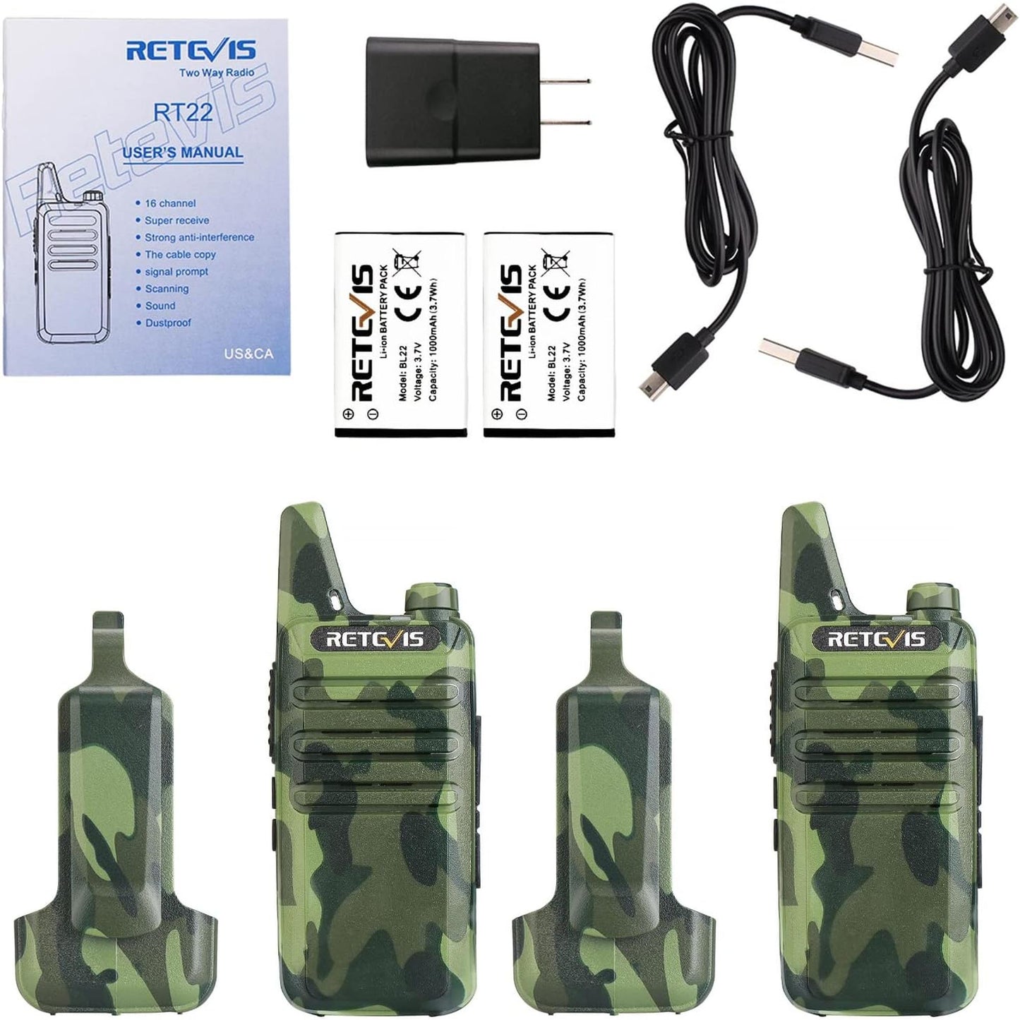 Par radios Walkie Talkie Retevis RT22 CAMO UHF Analógico 22canales 2W