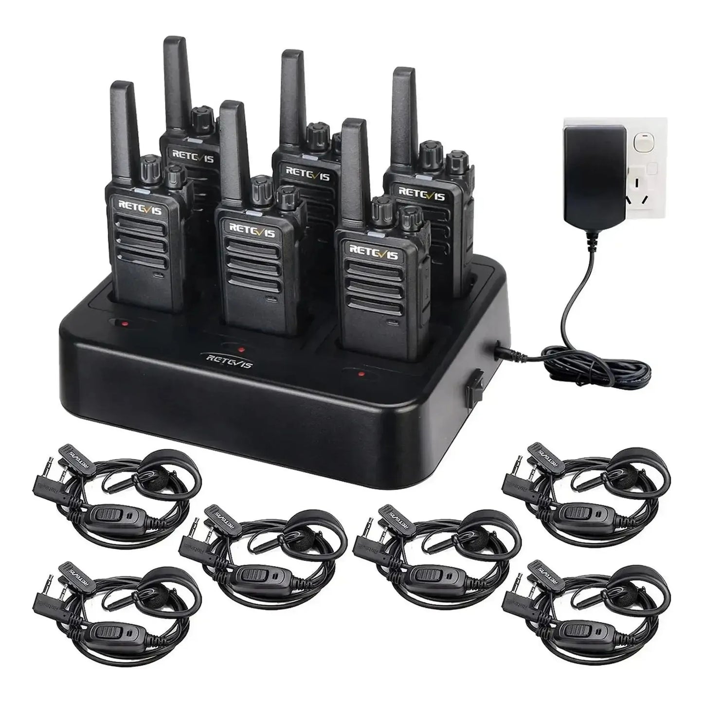 Set 6 radios Retevis RT68 UHF Analógico 16 canales 2W con base dock de carga y manos libres