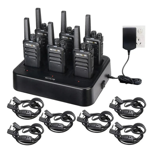 Set 6 radios Retevis RT68 UHF Analógico 16 canales 2W con base dock de carga y manos libres