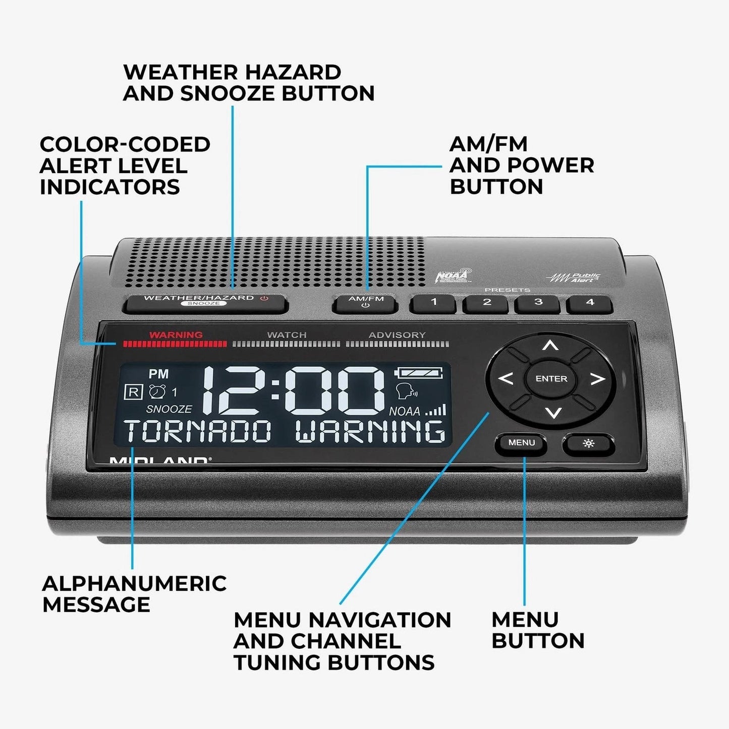 Radio meteorológico Midland con alerta sísmica WR400 Sirena cobertura SASMEX