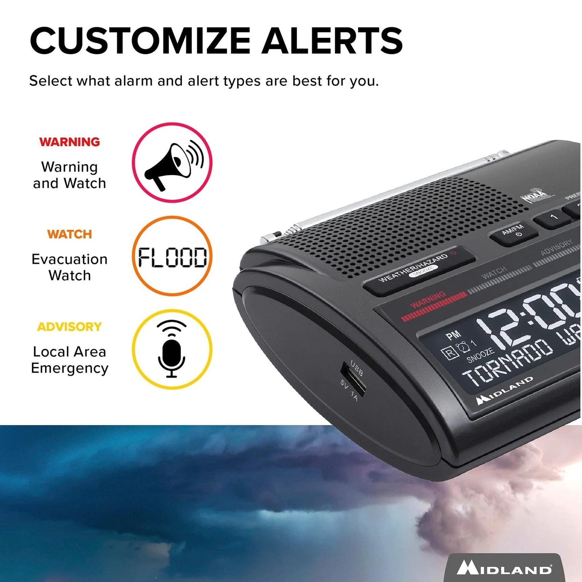 Radio meteorológico Midland con alerta sísmica WR400 Sirena cobertura SASMEX