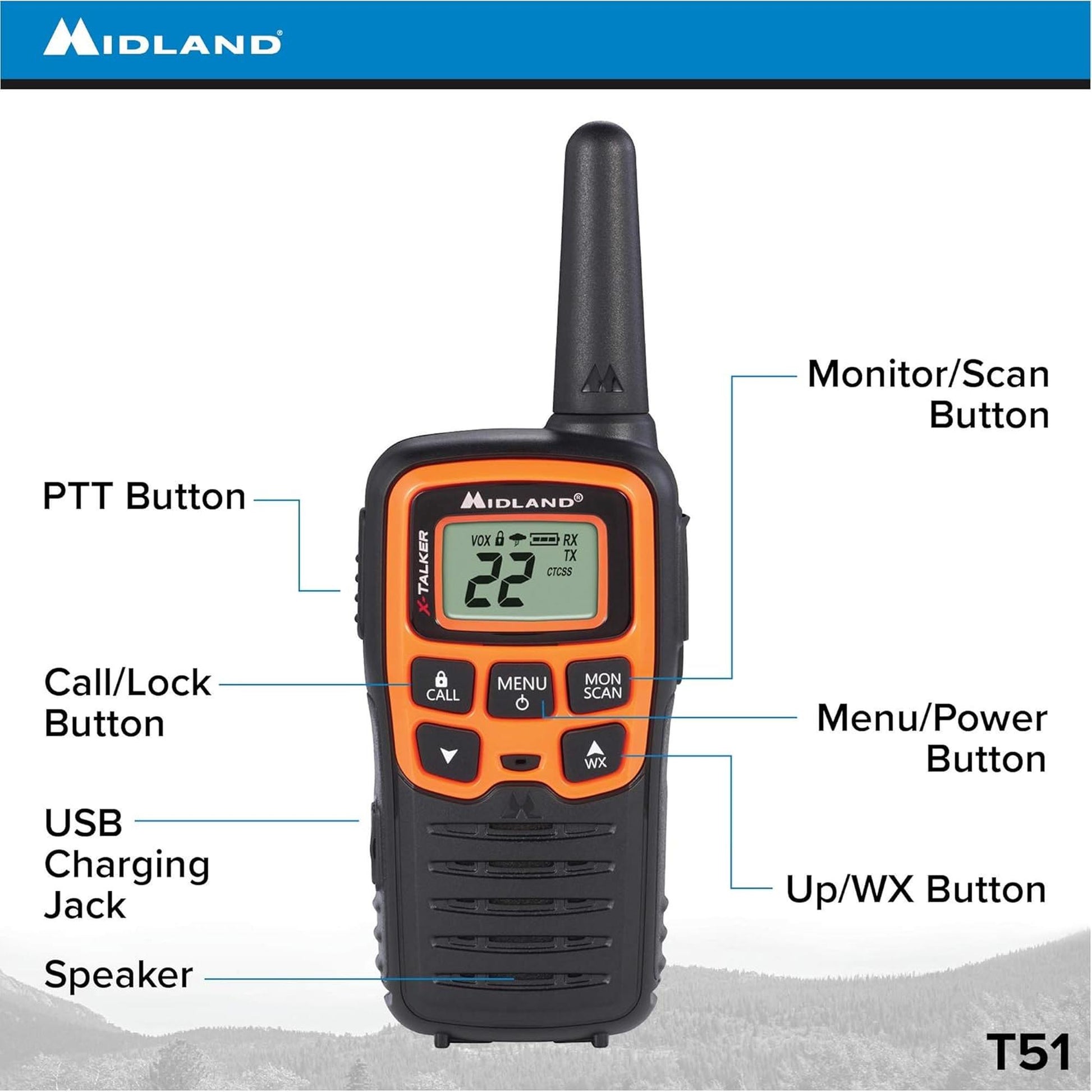 Radios Walkie Talkie Midland X-Talker T51VP3 22 canales 45km eVox GMRS FRS