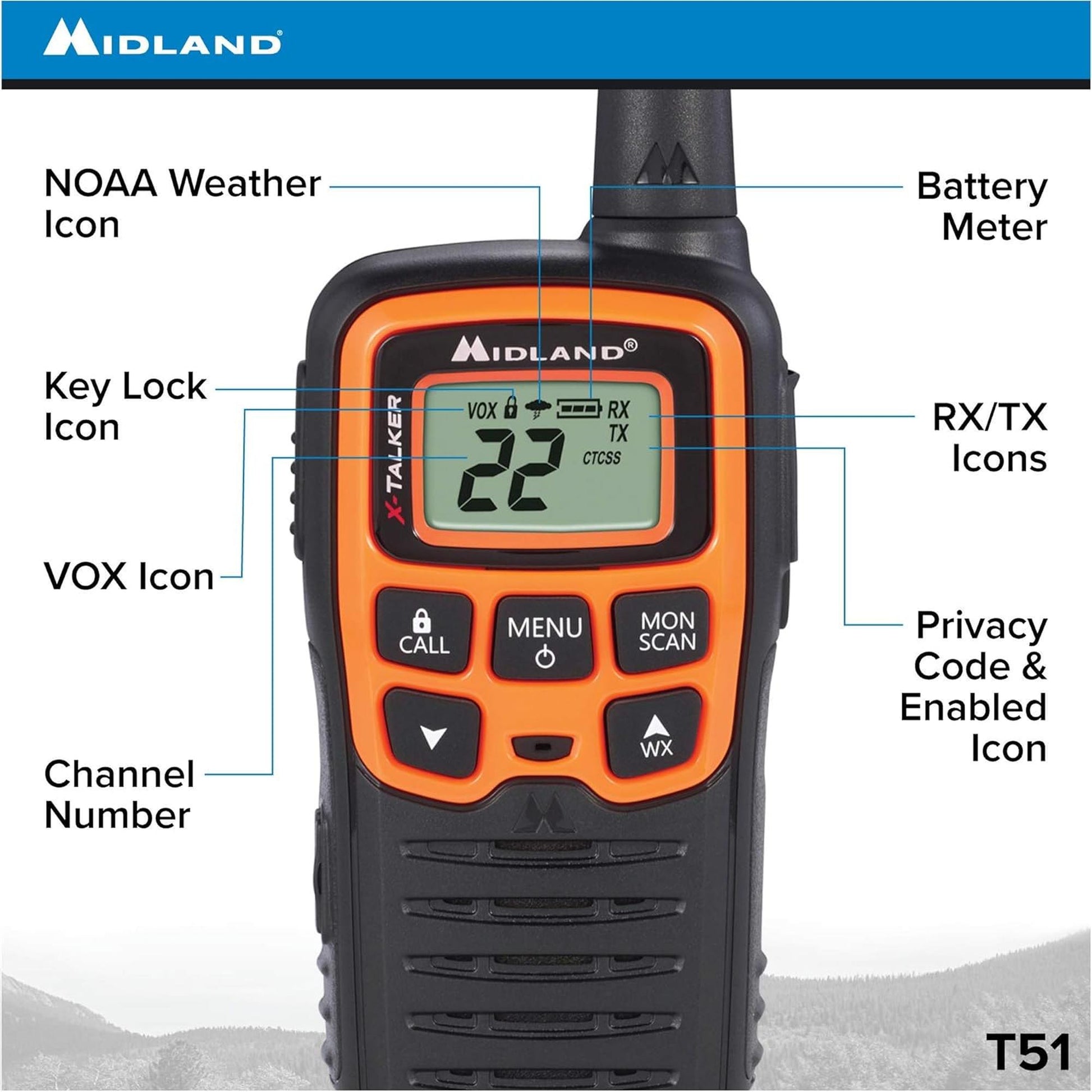 Radios Walkie Talkie Midland X-Talker T51VP3 22 canales 45km eVox GMRS FRS